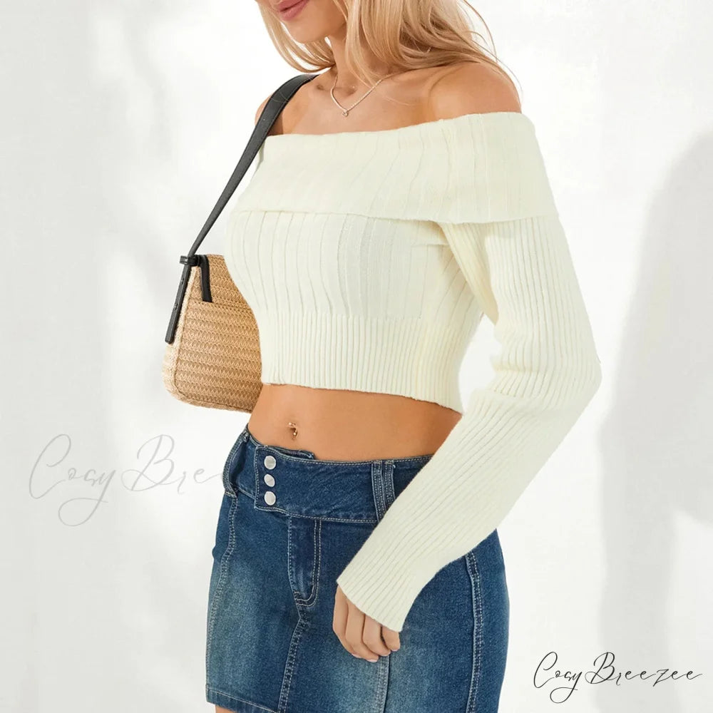 Solid Color Boat Neck Crop Sweater swraters-241228
