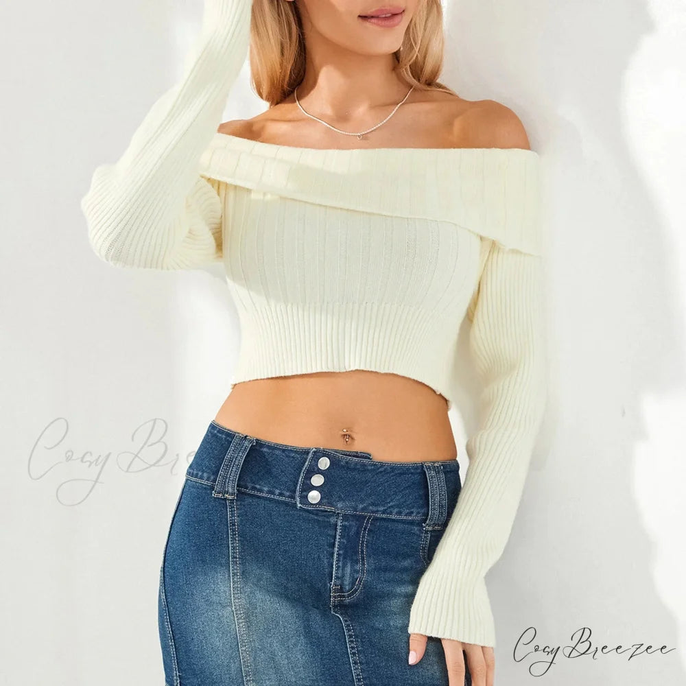 Solid Color Boat Neck Crop Sweater swraters-241228