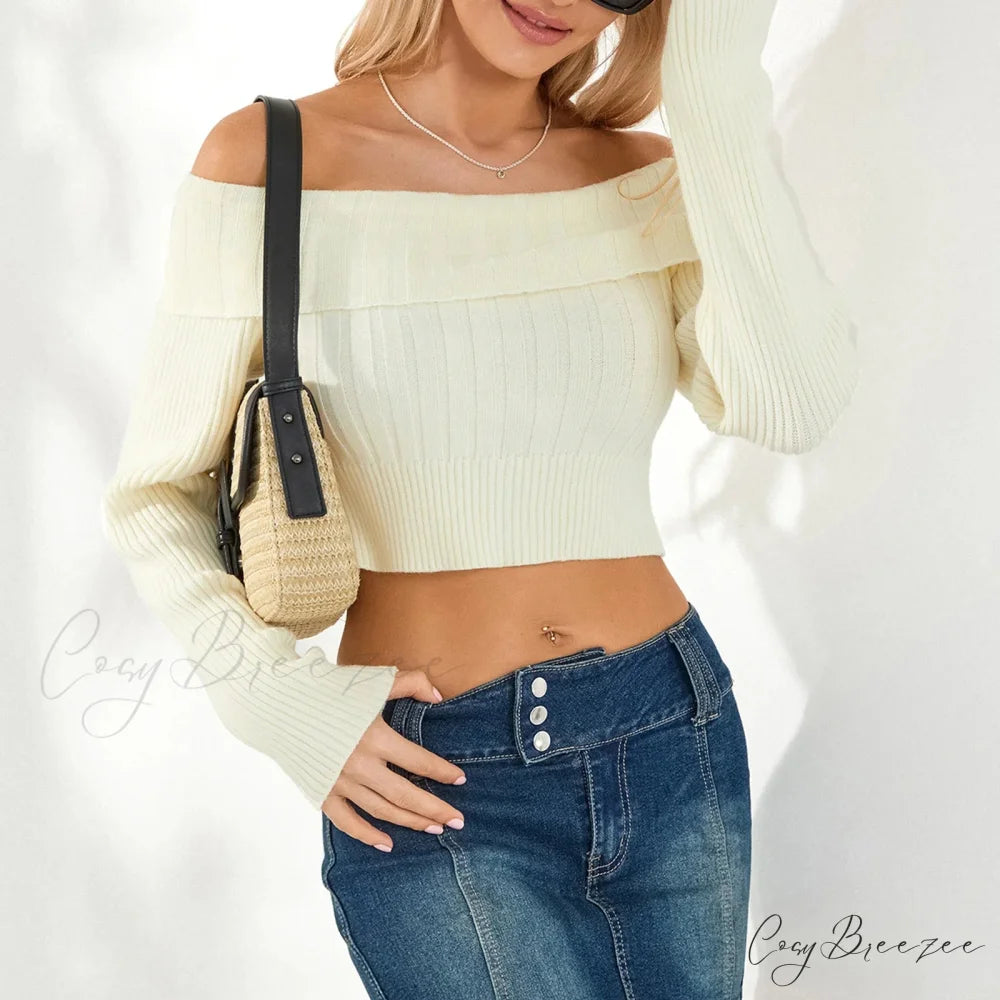 Solid Color Boat Neck Crop Sweater swraters-241228