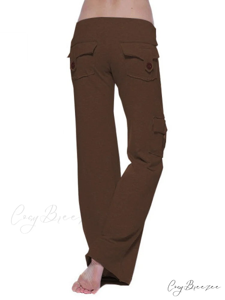 Solid Color Cargo Jogger Drawstring Elastic Waist Trousers Browm / XS