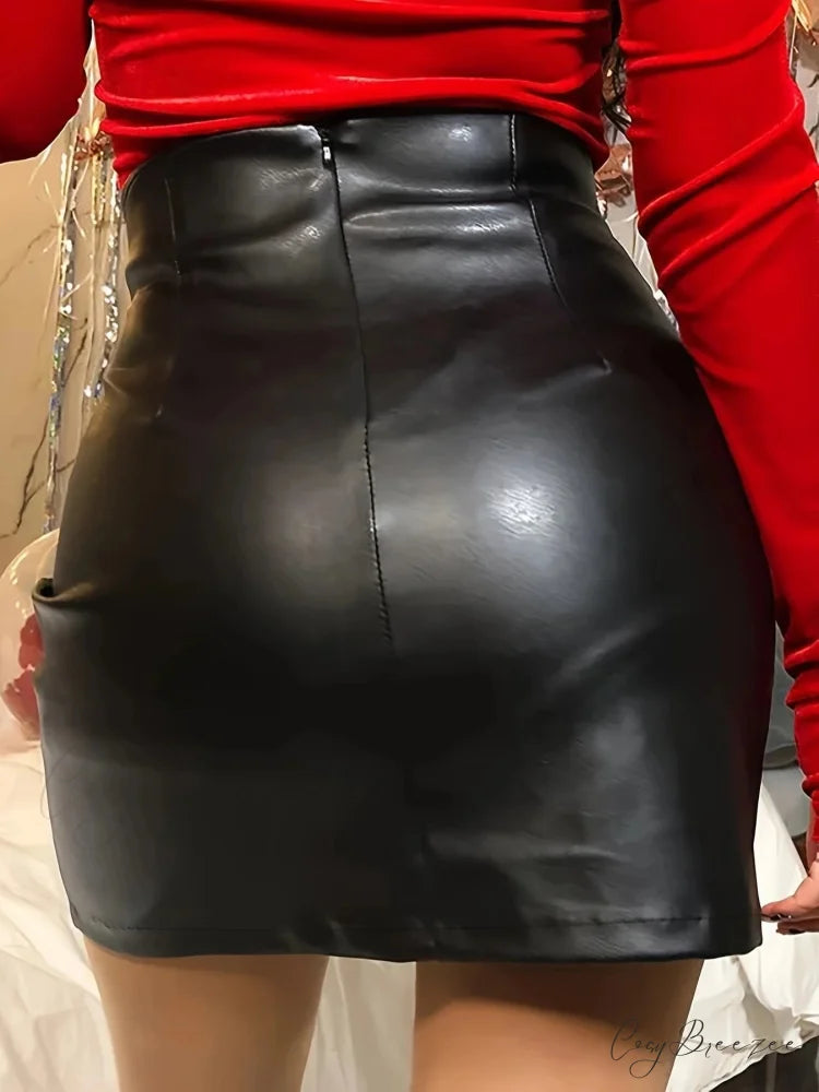 Solid Color Casual High Waist Pencil Elegant Faux Leather Ladies Trendy Skirt