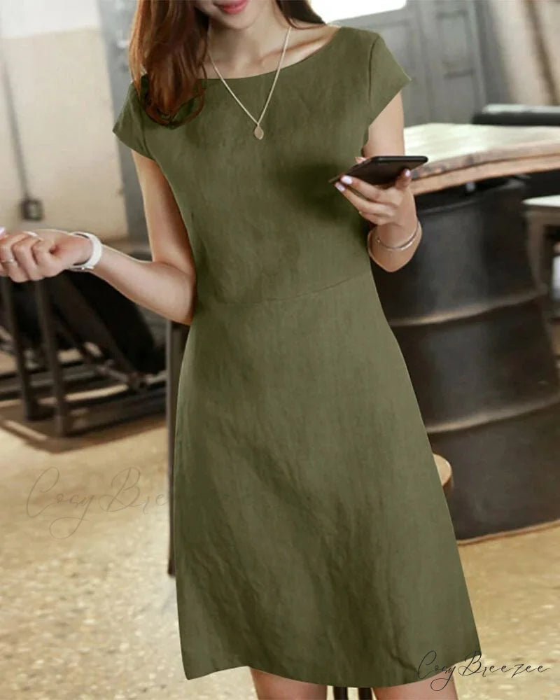 Solid Color Cotton and Linen Short-Sleeved Dress Army green / S