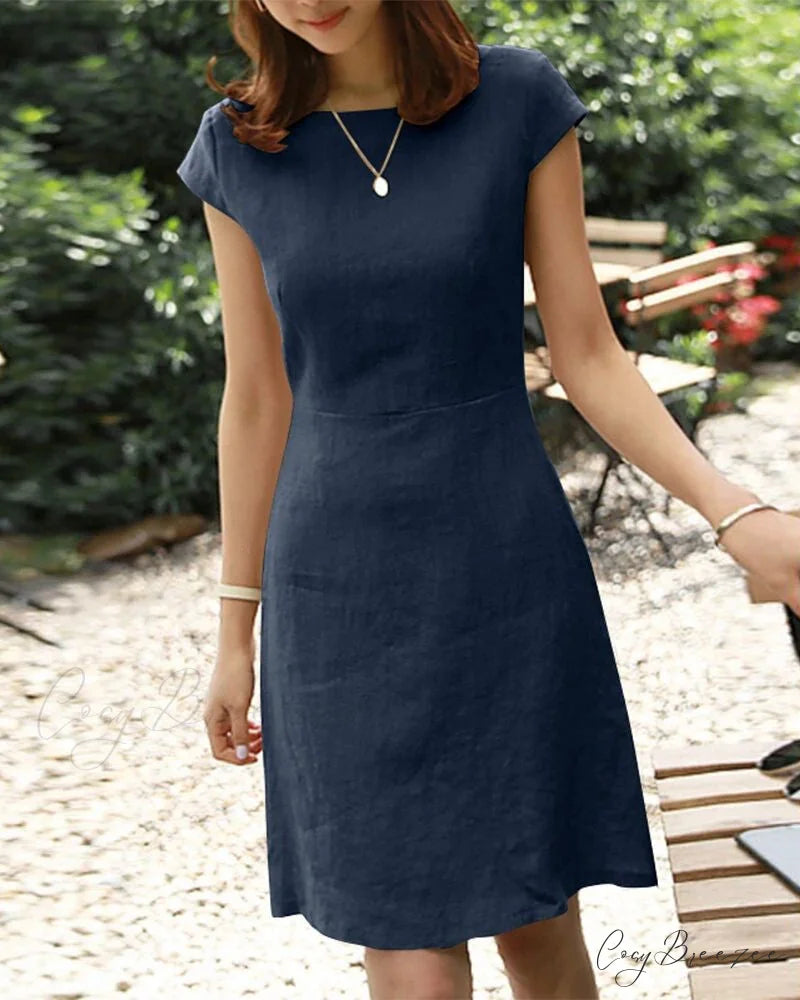 Solid Color Cotton and Linen Short-Sleeved Dress Dark blue / S