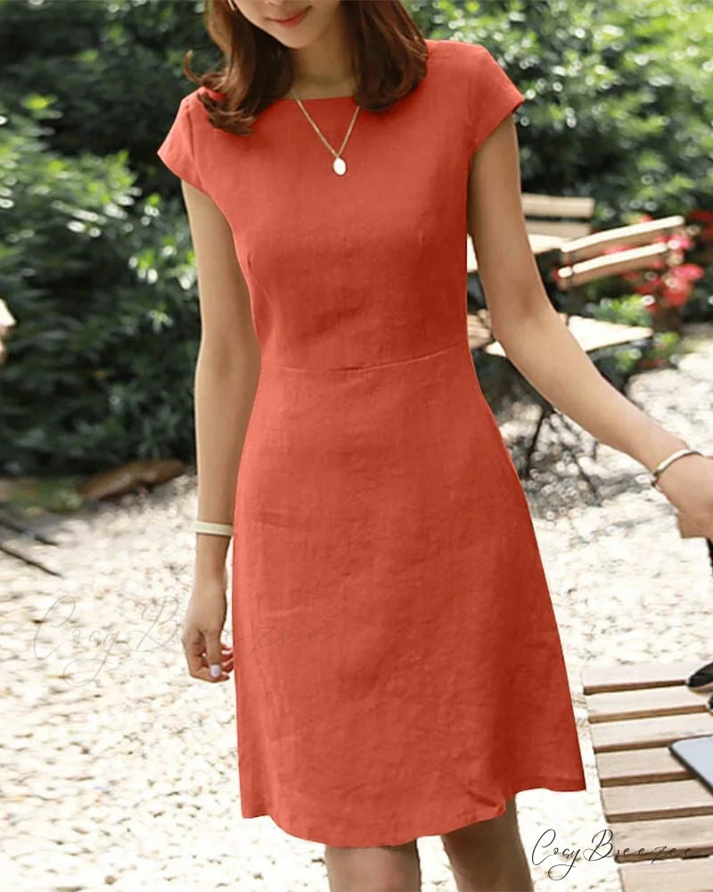 Solid Color Cotton and Linen Short-Sleeved Dress Orange / S
