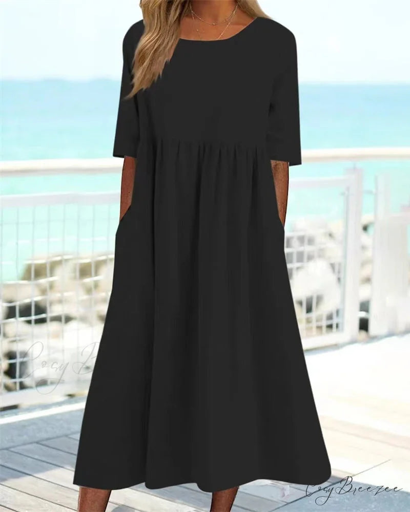 Solid color cotton linen dress Black / S