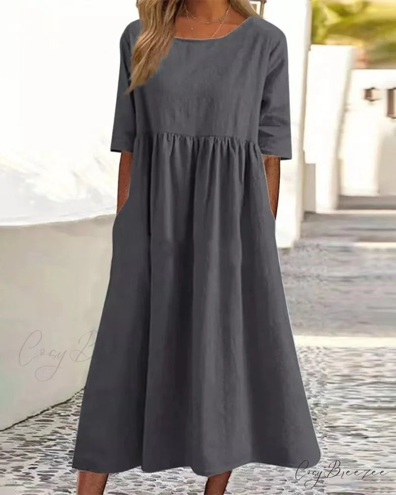 Solid color cotton linen dress Gray / S