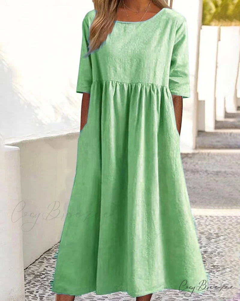 Solid color cotton linen dress Green / S