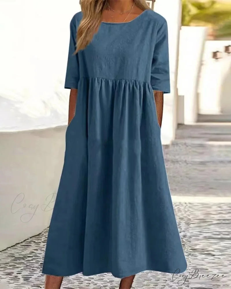 Solid color cotton linen dress Navy blue / S