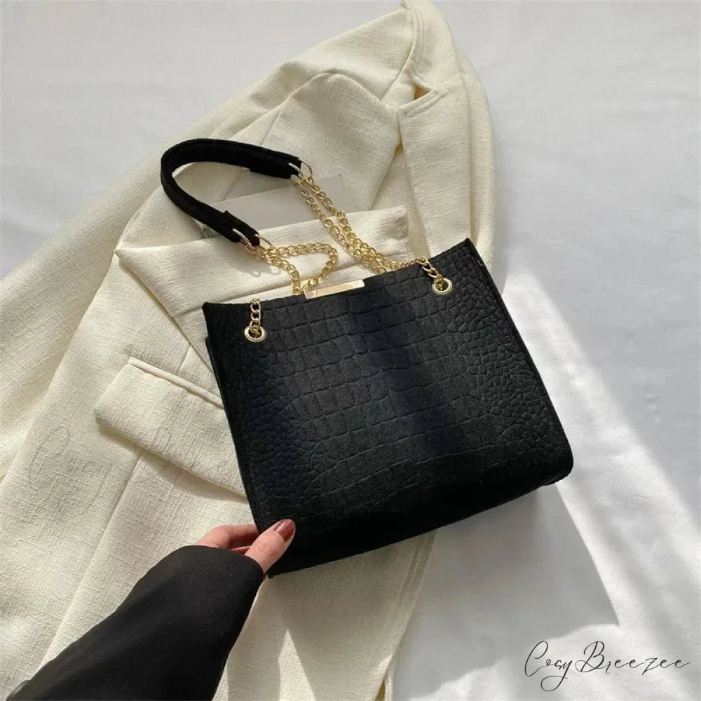 Solid Color Crocodile Print Large Capacity Shoulder Handbag Black handbag-250126
