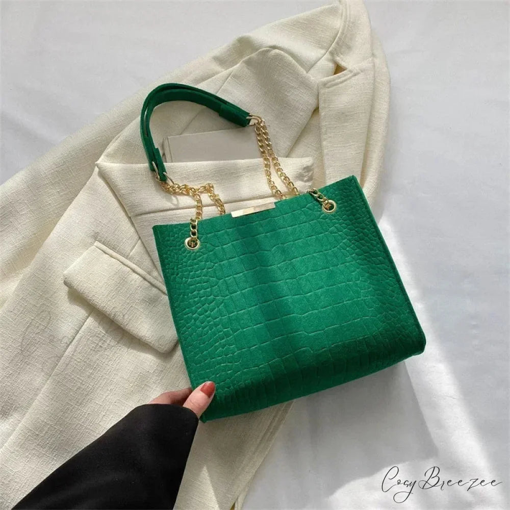 Solid Color Crocodile Print Large Capacity Shoulder Handbag Green handbag-250126