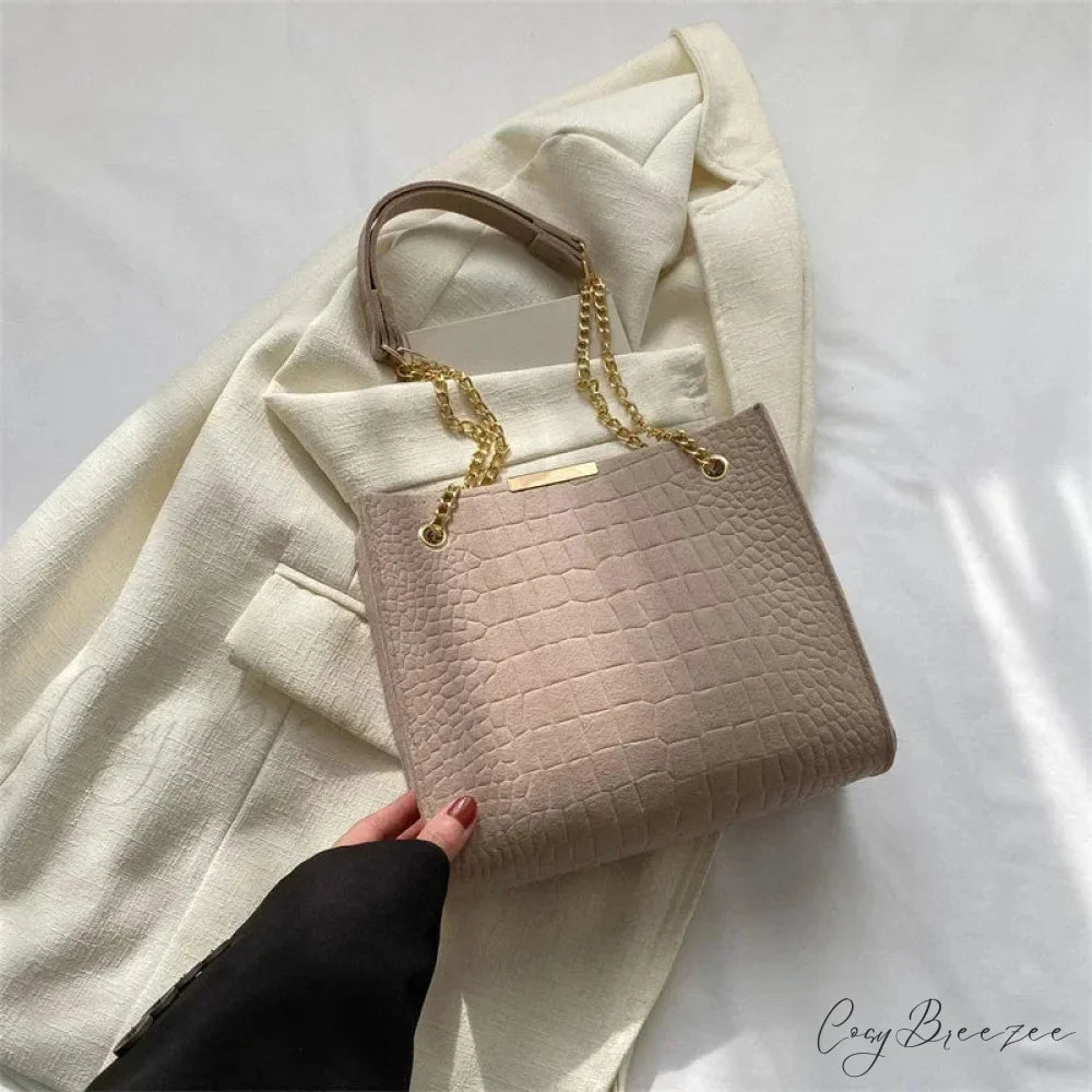 Solid Color Crocodile Print Large Capacity Shoulder Handbag Khaki handbag-250126