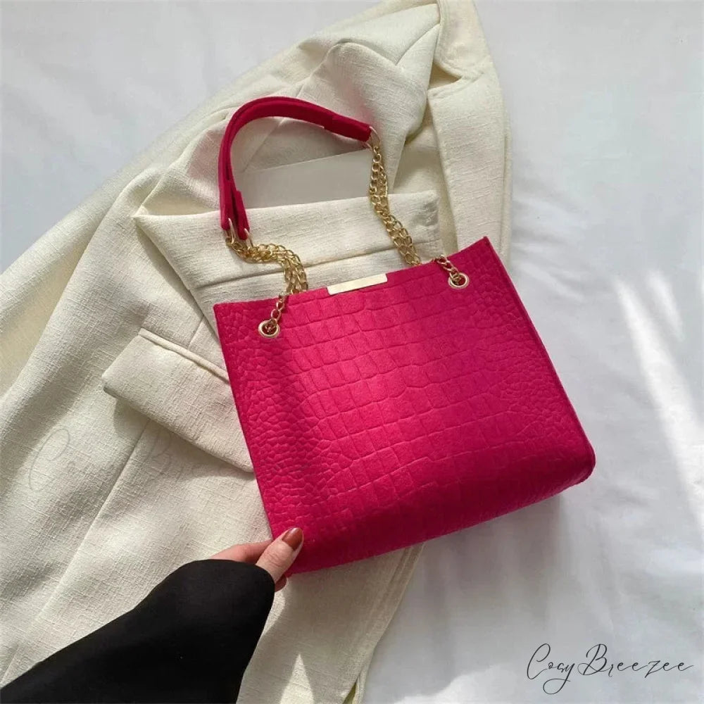 Solid Color Crocodile Print Large Capacity Shoulder Handbag Rose Red handbag-250126