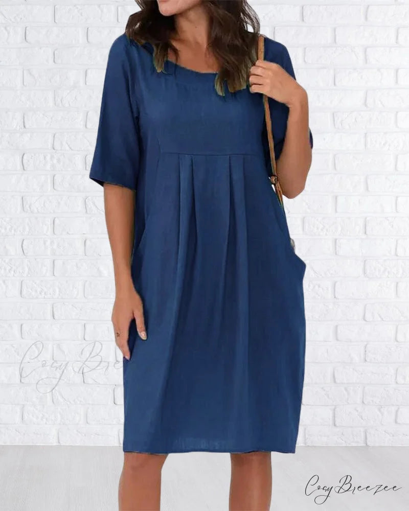 Solid Color Dress with Pockets Blue / S