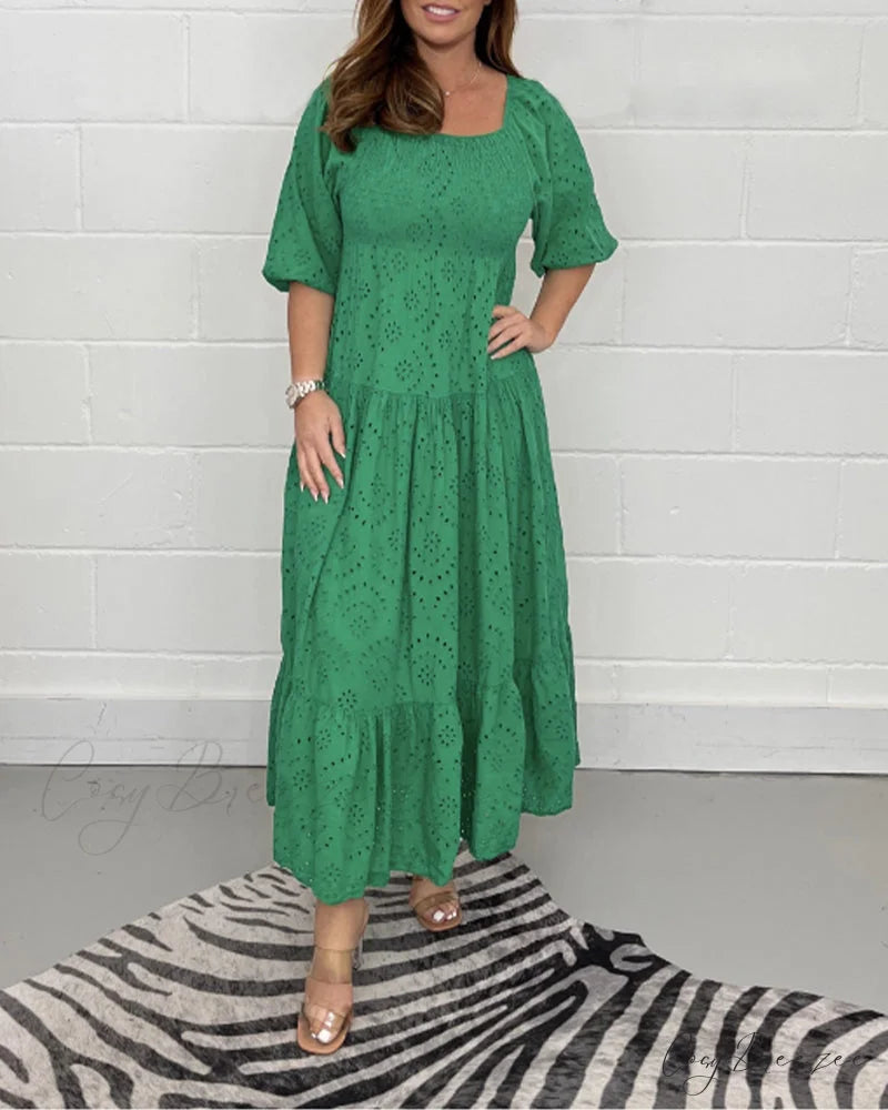Solid color hollow dress with square collar Green / S
