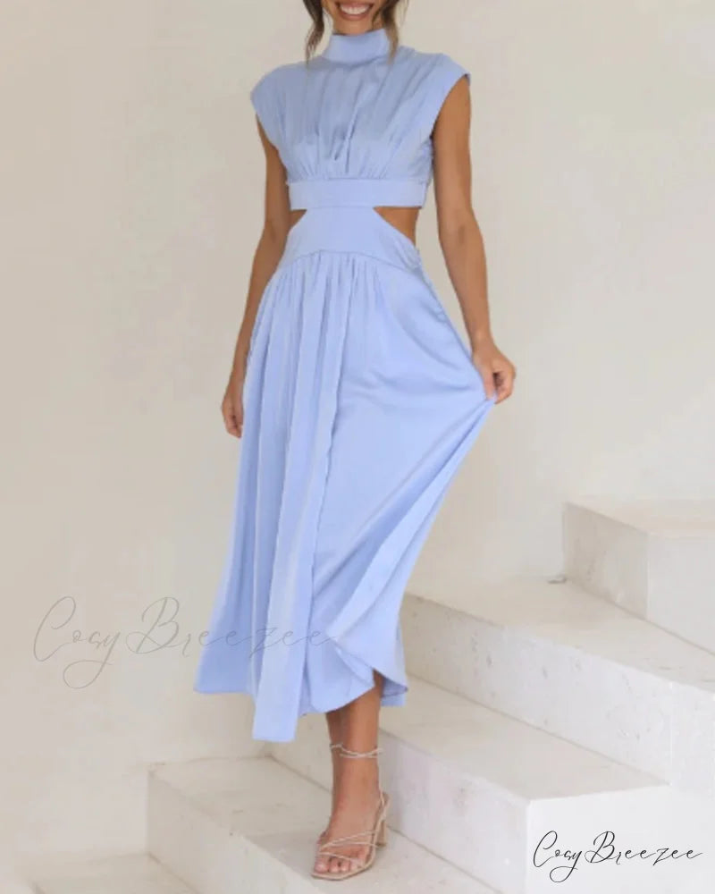 Solid color long dress with stand collar and waist tie