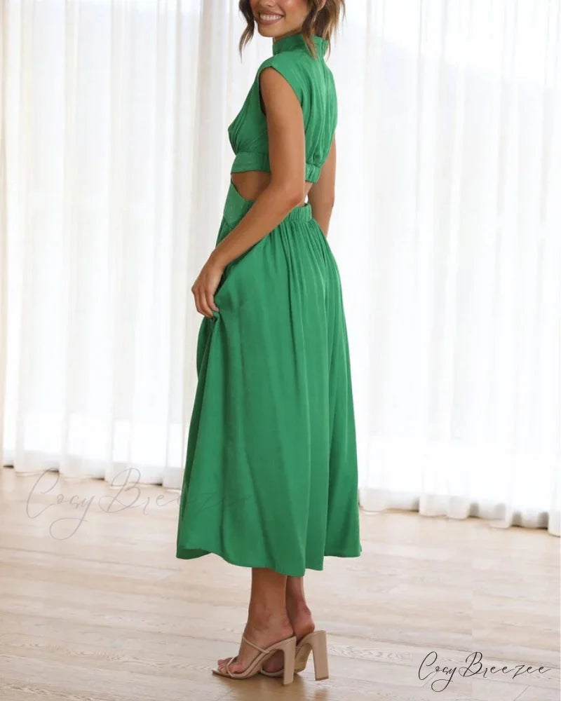 Solid color long dress with stand collar and waist tie
