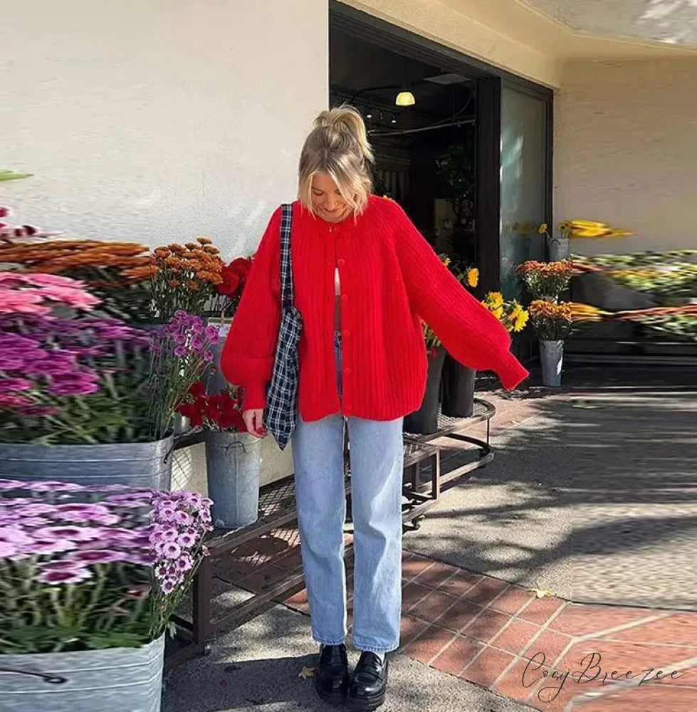 Solid Color Long Sleeve Red Knit Cardigan Red / S