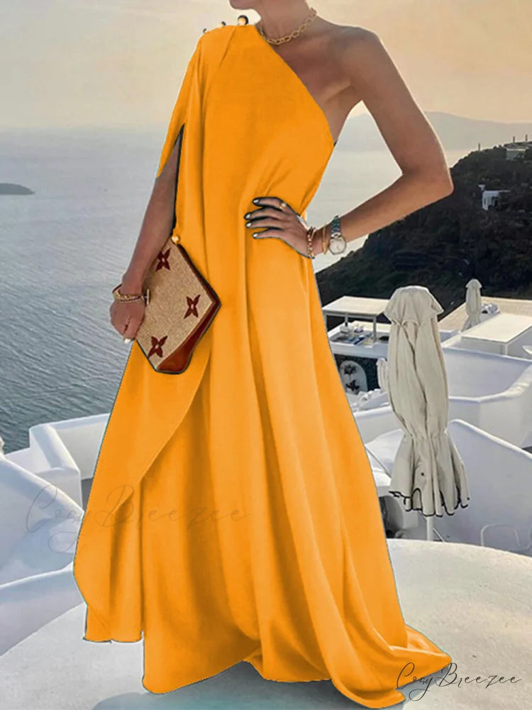 Solid Color Loose Charming One Shoulder Maxi Dress Yellow / S