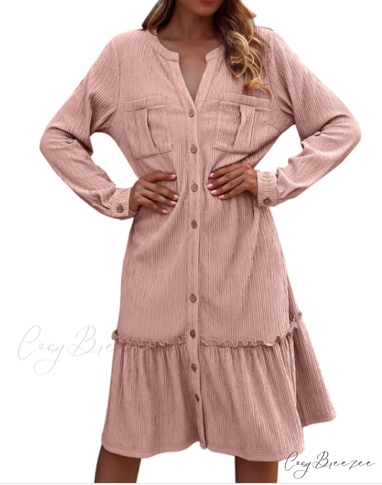Solid Color Loose Waist Slim Long Sleeve Shirt Dress with Button Ruffles