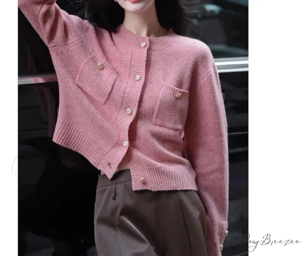 Solid Color Office Lady O-neck Cardigan Pink / S