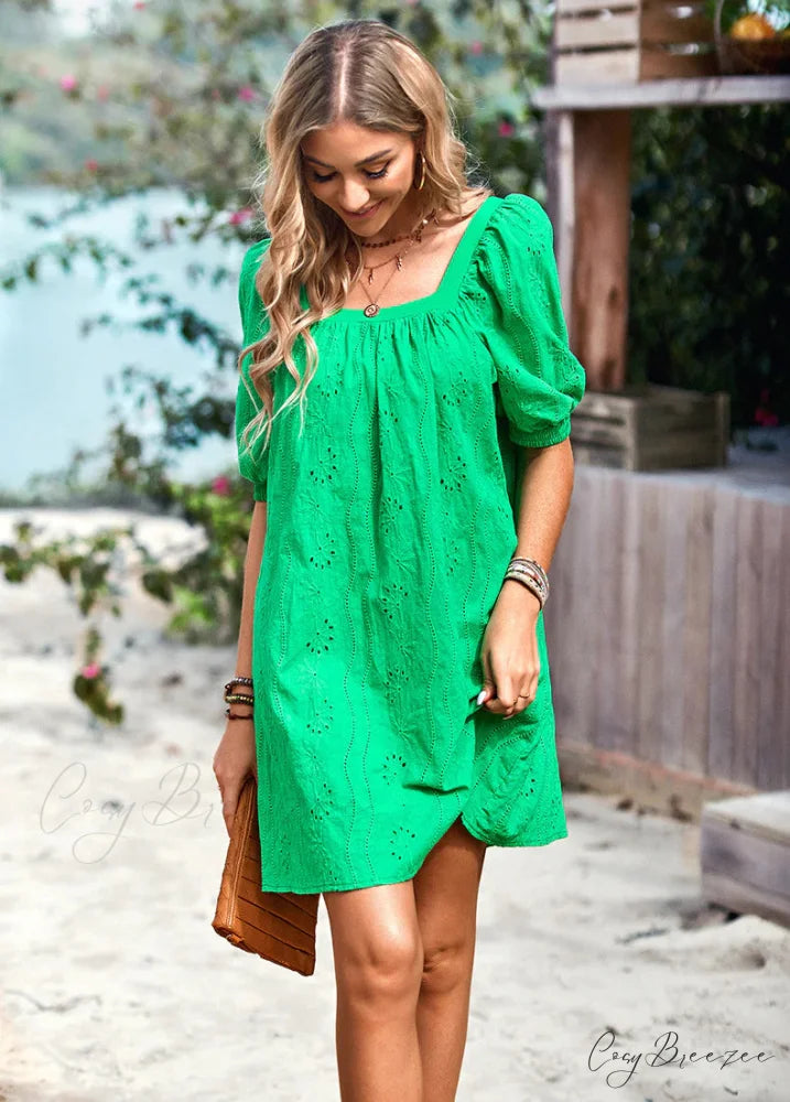 SOLID COLOR OPENWORK JACQUARD DRESS WITH SQUARE COLLAR M / green