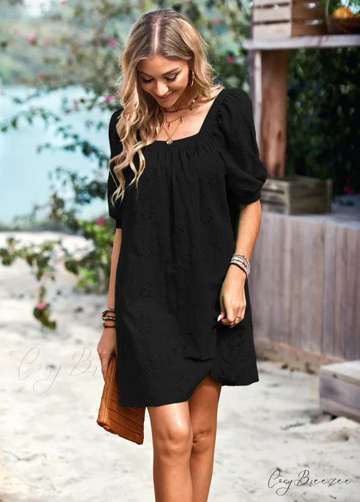SOLID COLOR OPENWORK JACQUARD DRESS WITH SQUARE COLLAR M / white