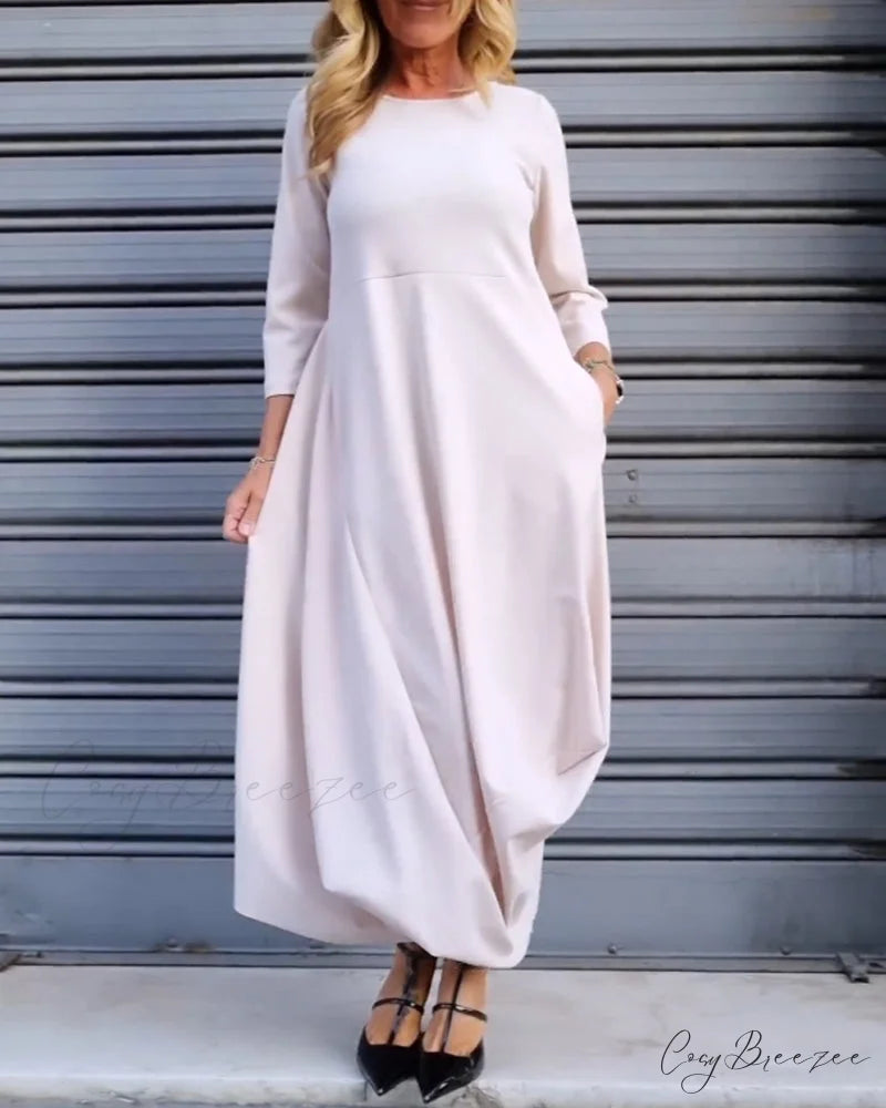 Solid Color Pocket Dress White / S