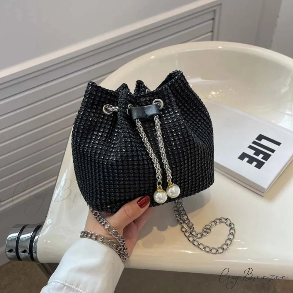Solid Color Rhinestone Luxury Chain Crossbody Glitter Clutch Bag Black clutchbag-250126