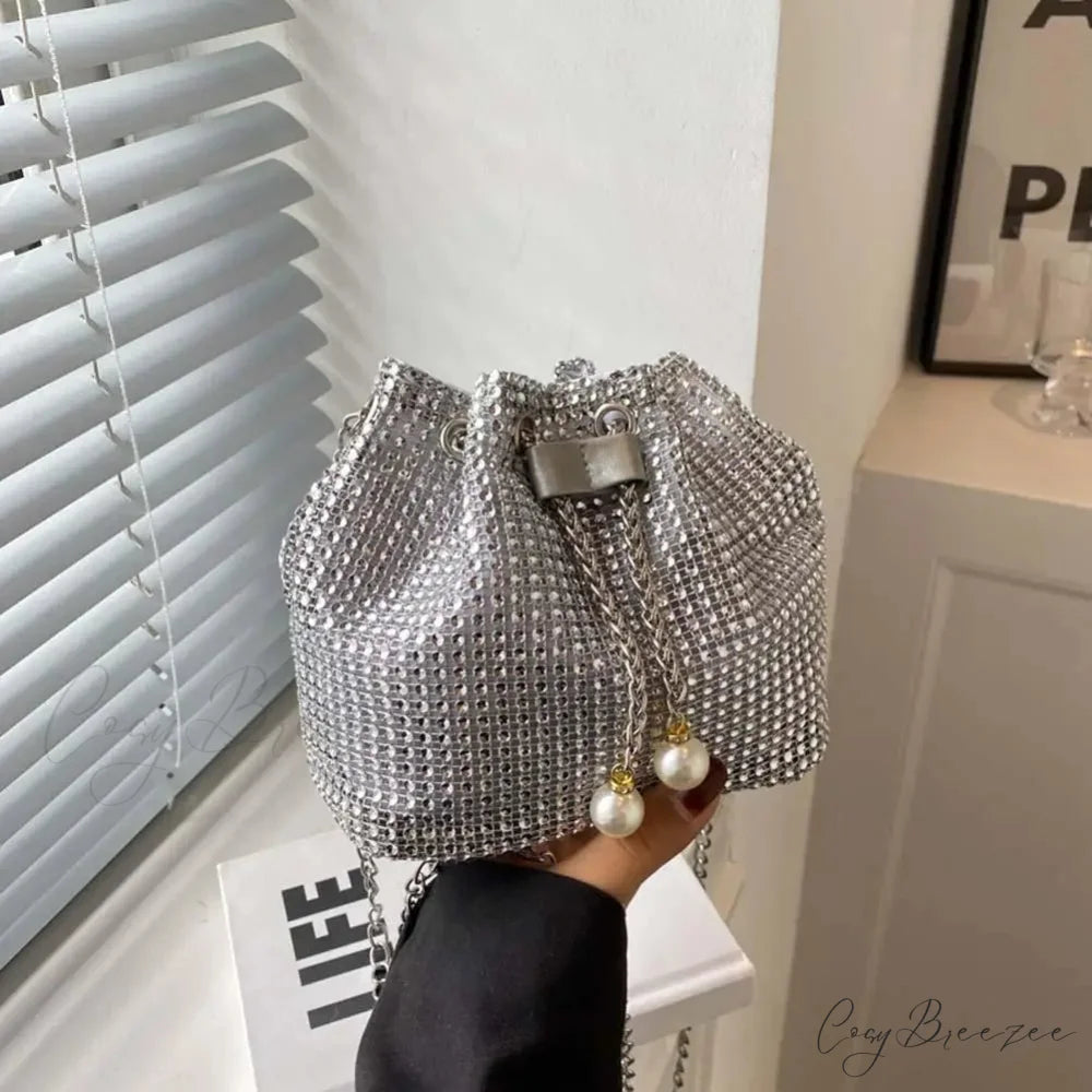 Solid Color Rhinestone Luxury Chain Crossbody Glitter Clutch Bag Silver clutchbag-250126