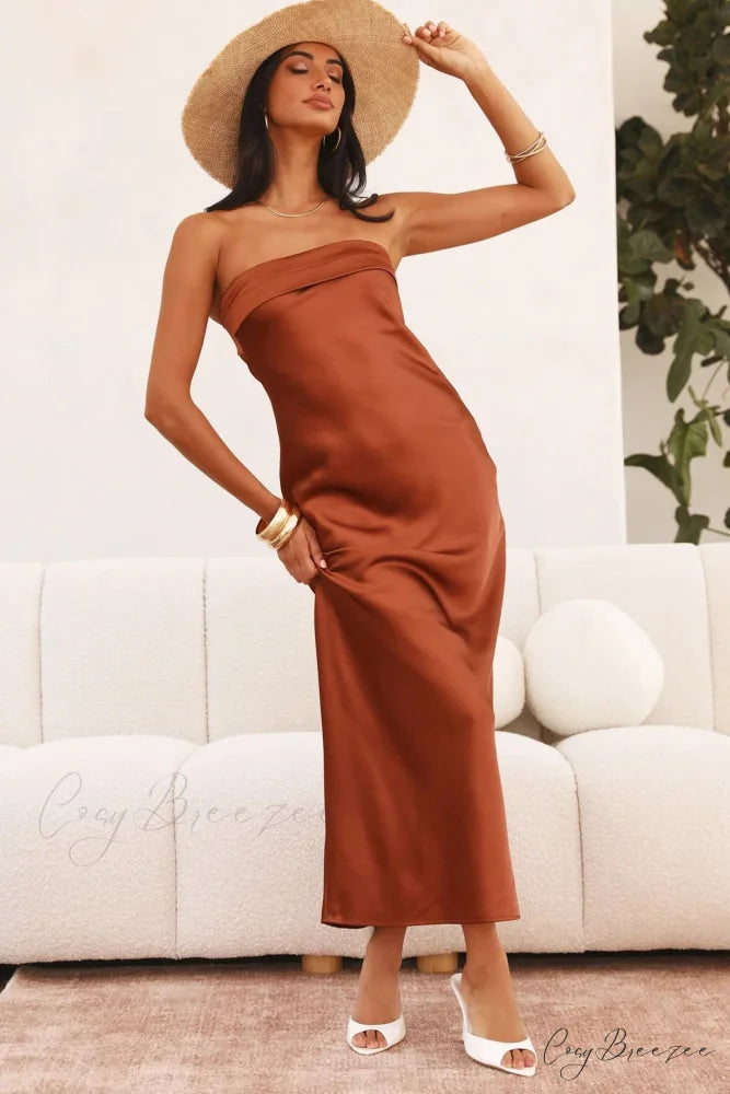 Solid Color Satin Strapless Midi Dress Brown / M
