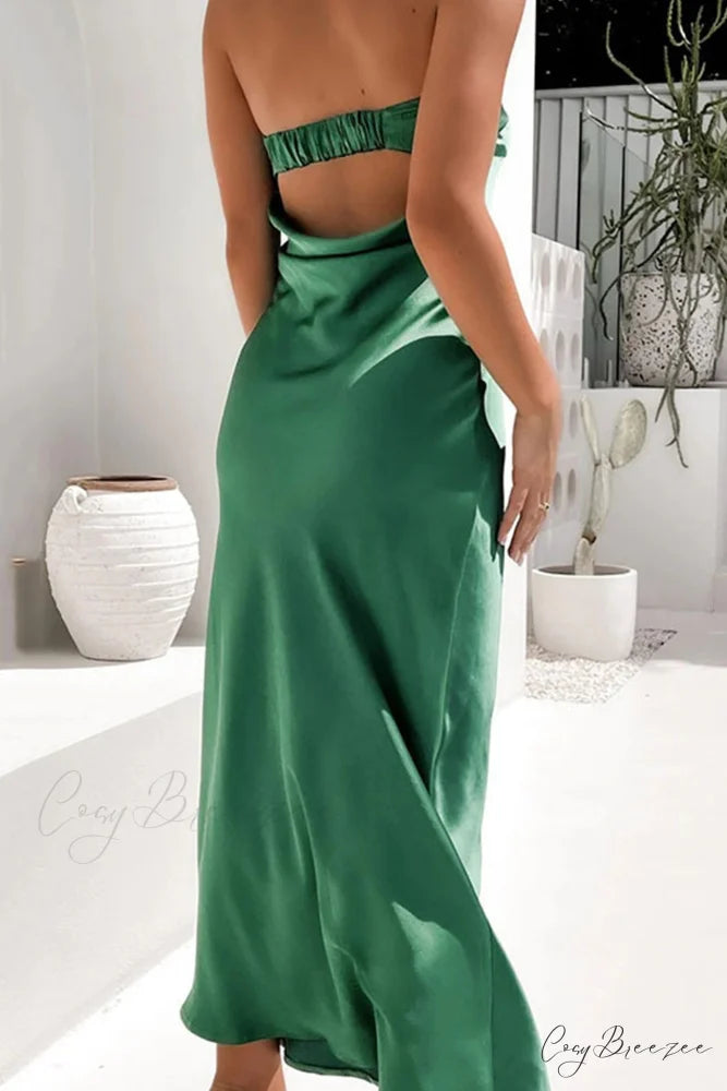 Solid Color Satin Strapless Midi Dress Green / L