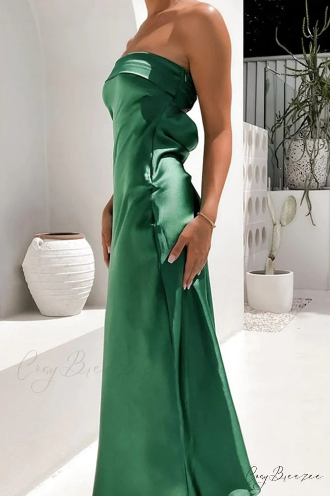 Solid Color Satin Strapless Midi Dress Green / M