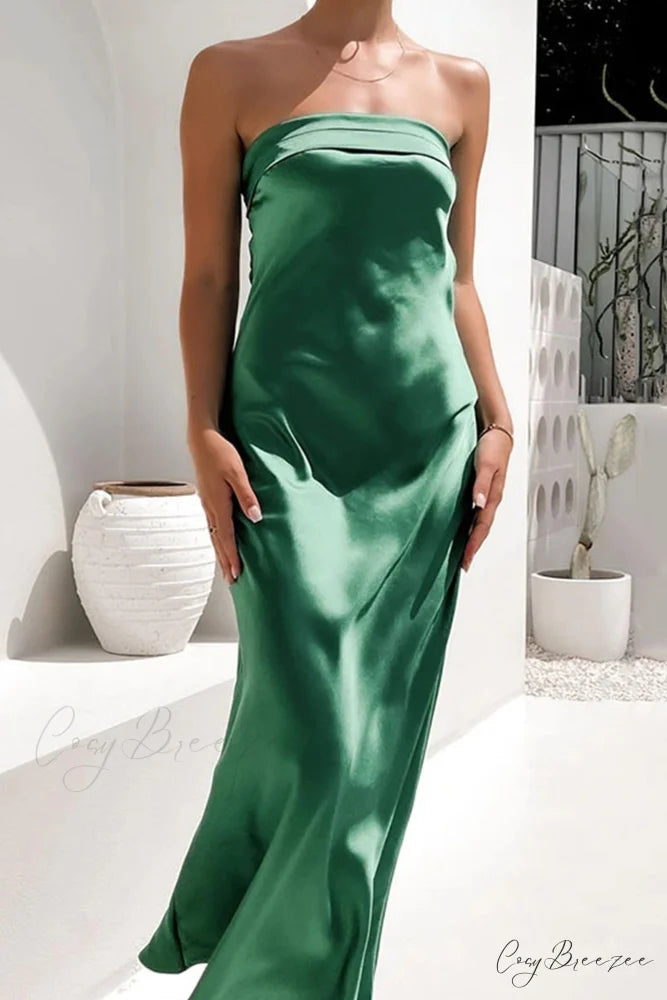 Solid Color Satin Strapless Midi Dress Green / S