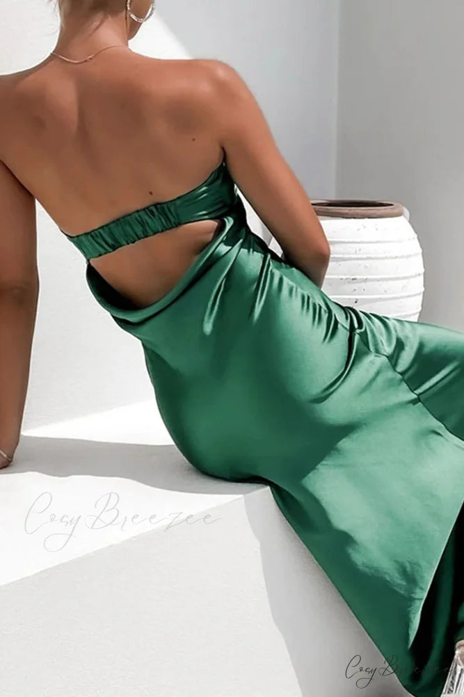 Solid Color Satin Strapless Midi Dress Green / XL