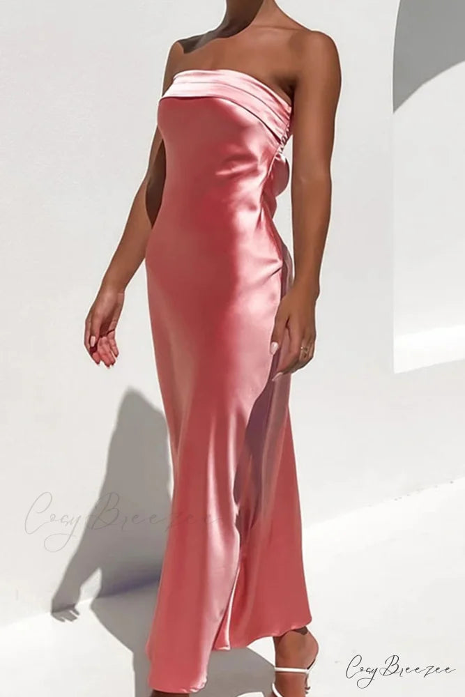 Solid Color Satin Strapless Midi Dress Pink / M