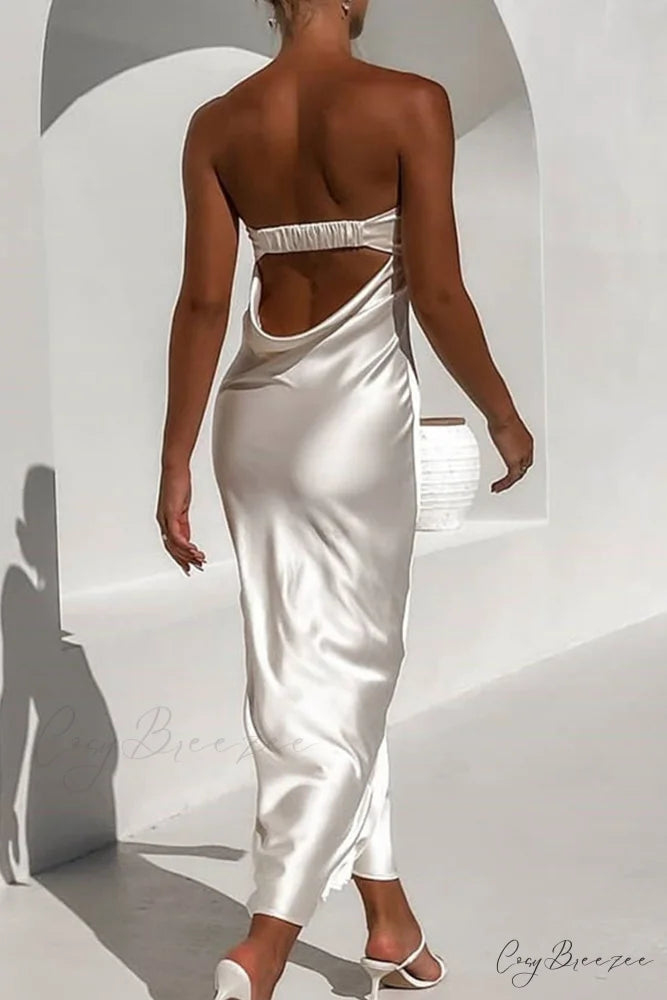 Solid Color Satin Strapless Midi Dress White / L