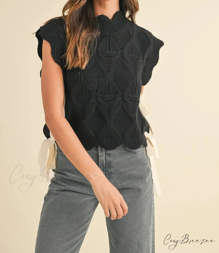 Solid Color Scalloped Trim Warm Sweater Black / S swraters-241228