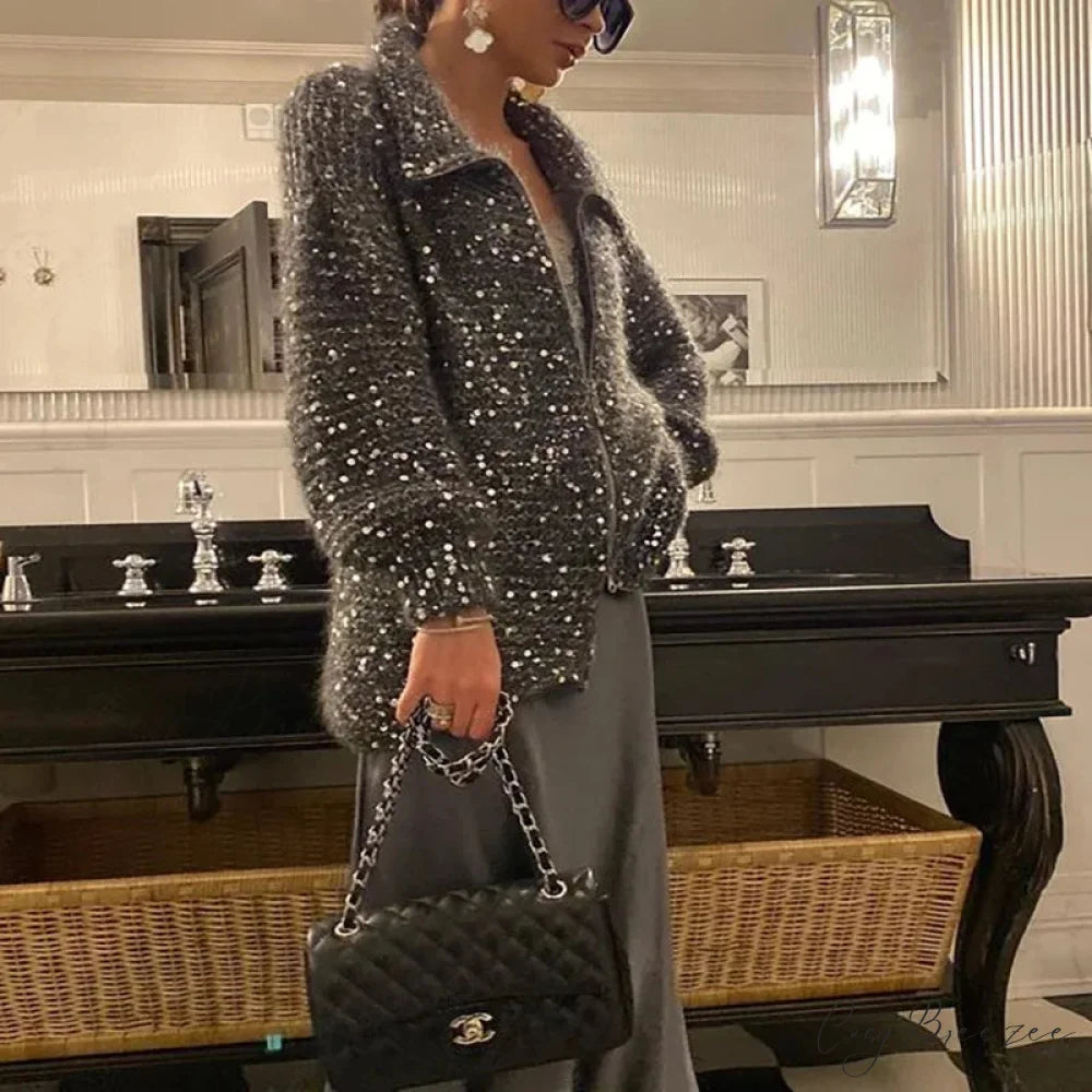 Solid Color Sequin Turtleneck Cardigan Black / S