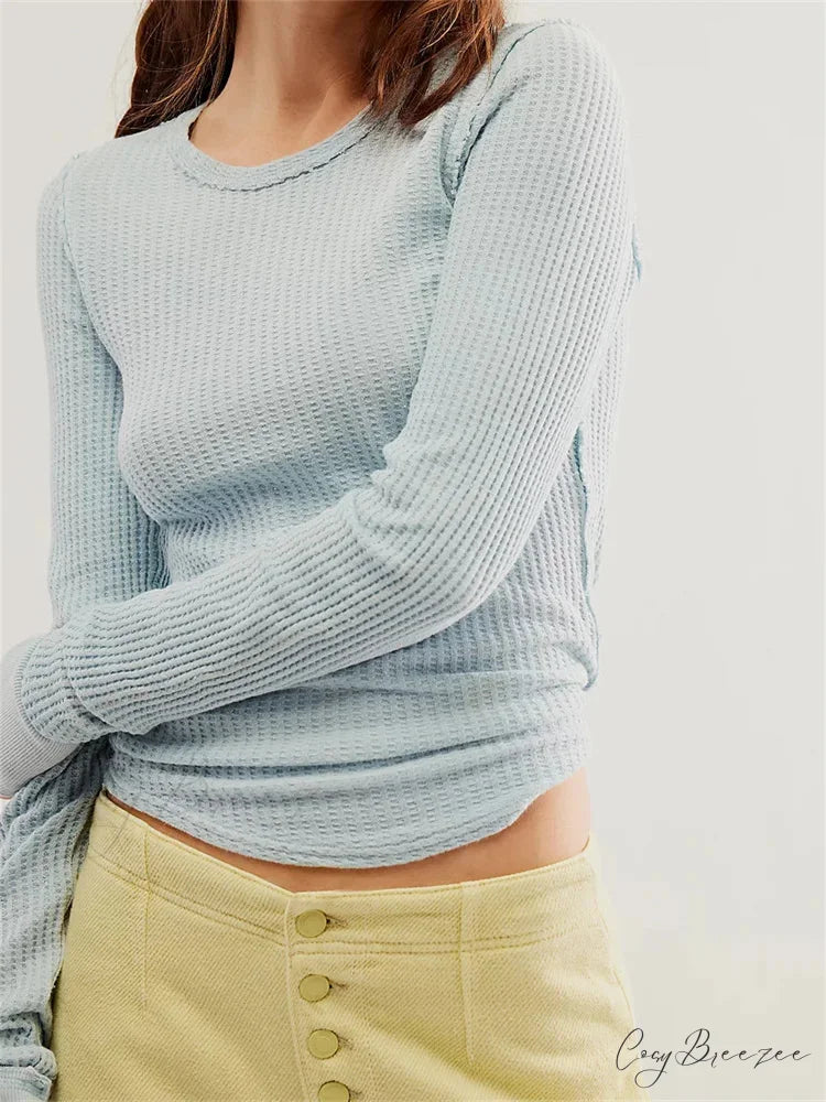Solid Color Slim Fit Ruched Long Sleeve Basic T-Shirts BABY BLUE / S