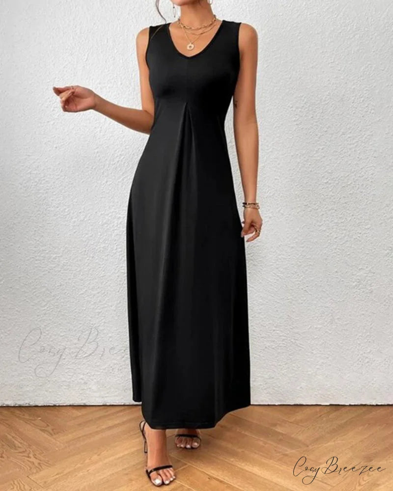 Solid color V-neck maxi dress Black / S