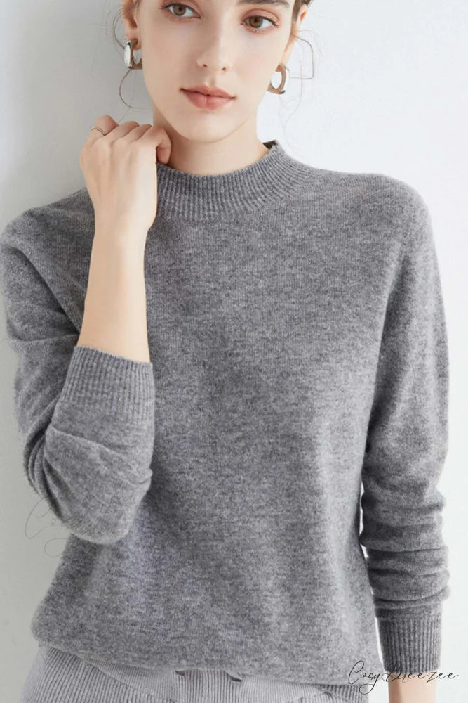 Solid Color Wool Sweater with Mock Neck Grey / S