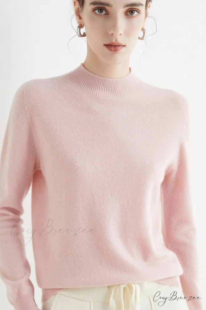 Solid Color Wool Sweater with Mock Neck Pink / S