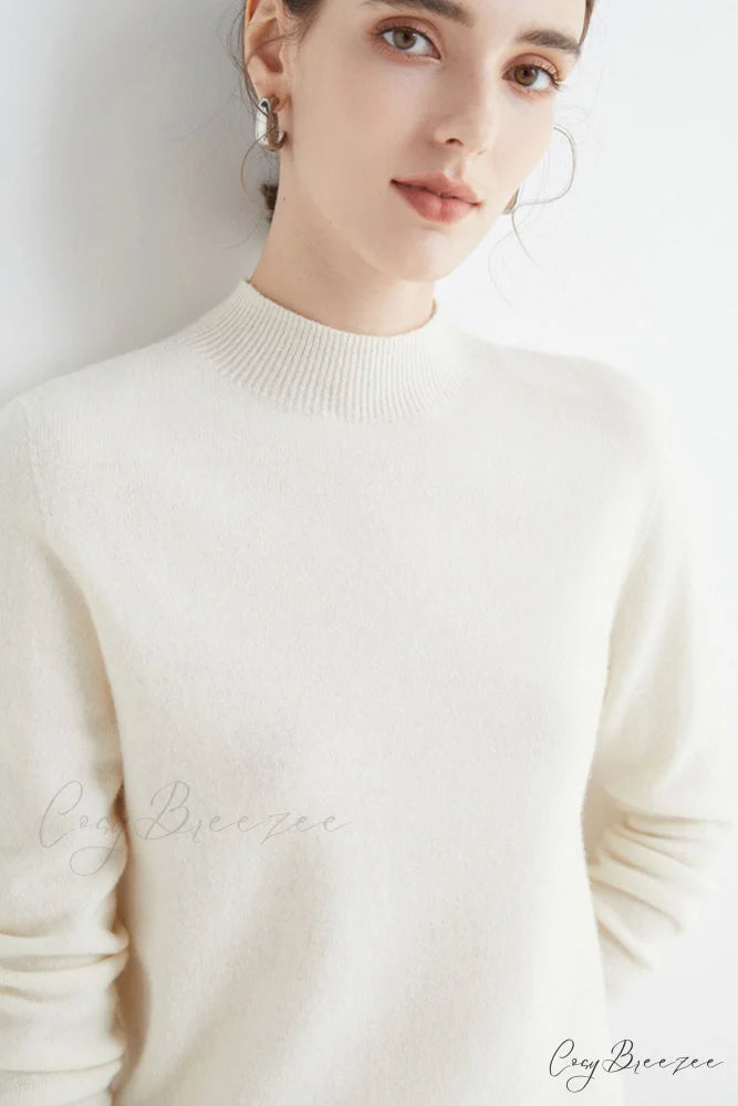 Solid Color Wool Sweater with Mock Neck White / S