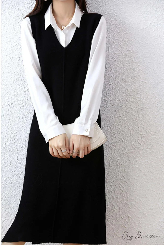 Solid Color Wool Tank Dress with V Neck Black / M