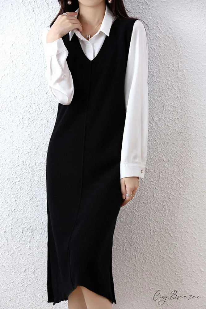 Solid Color Wool Tank Dress with V Neck Black / XL
