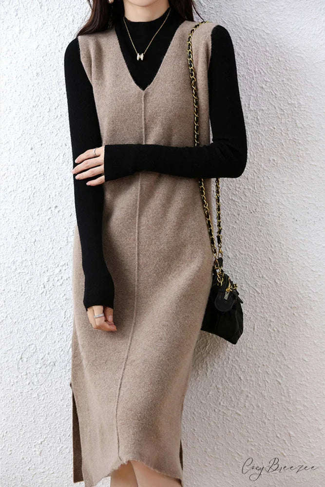 Solid Color Wool Tank Dress with V Neck Dark Camel / XL