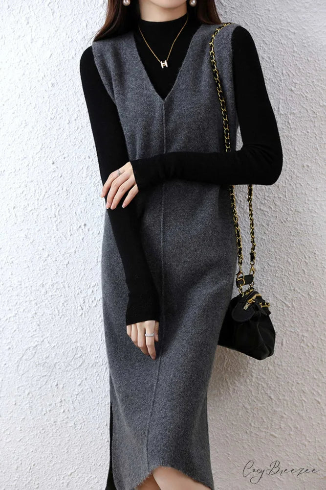 Solid Color Wool Tank Dress with V Neck Grey / M