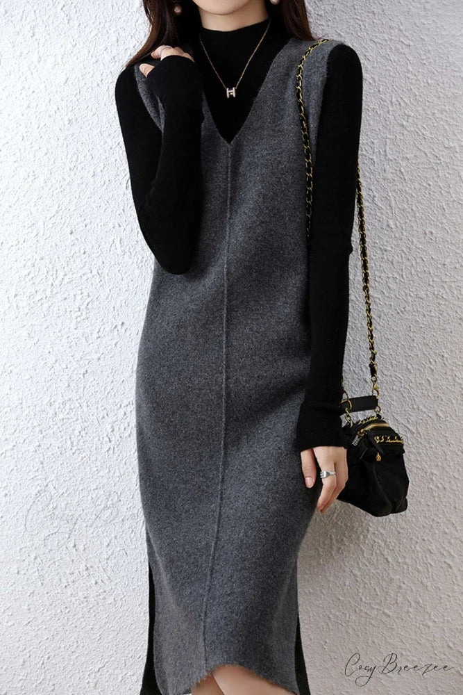 Solid Color Wool Tank Dress with V Neck Grey / XL
