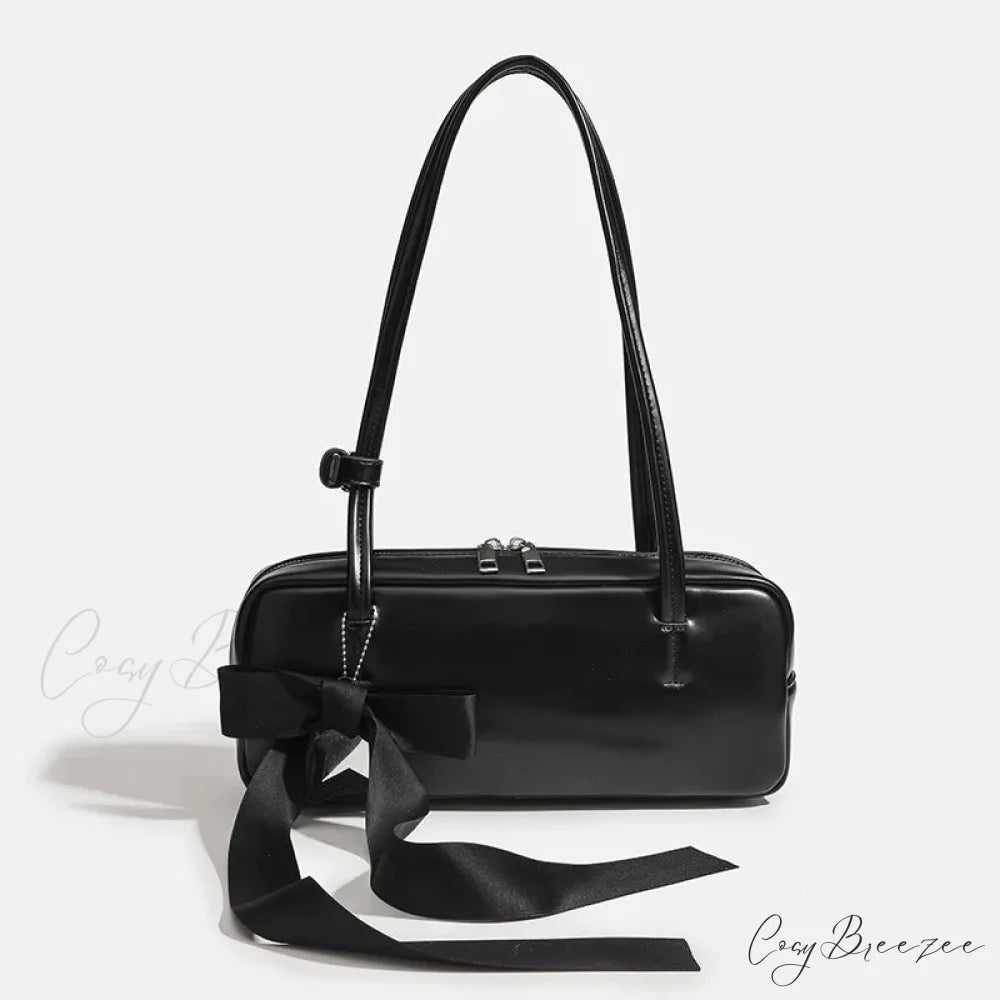 Solid Color Zipper Shoulder Bag Black with bow shoulder-250126