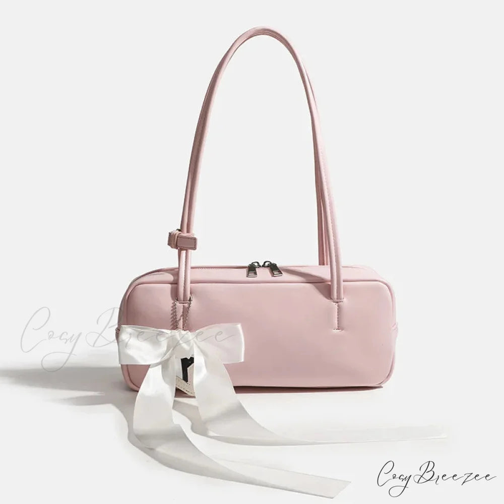 Solid Color Zipper Shoulder Bag Pink with bow shoulder-250126